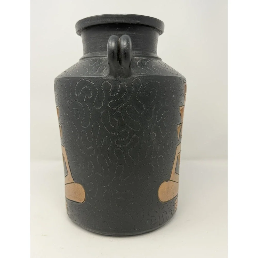 Vtg Black Pottery Vase Copper Colored Relief Tribal‎ Geometric Double Handle 11